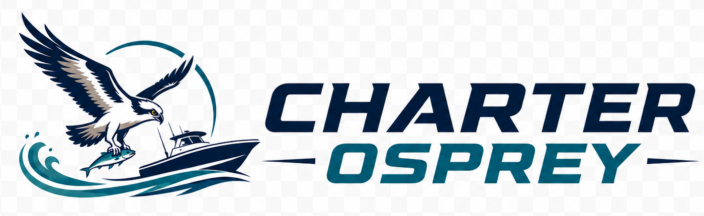CharterOsprey logo with osprey, striped bass, and charter boat